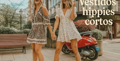 Dos mujeres jóvenes sonrientes con vestidos hippies cortos caminando por una ciudad moderna.