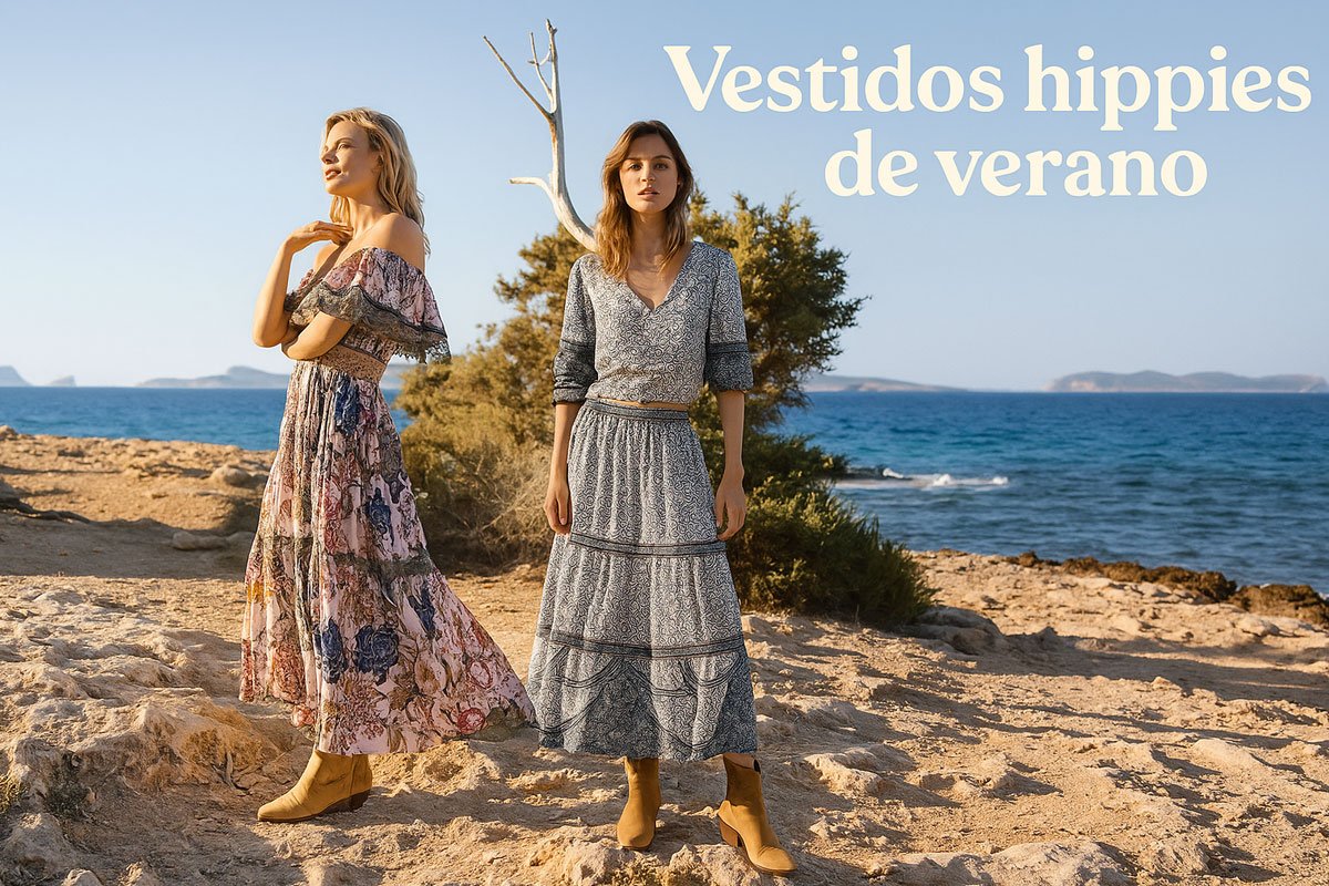 Dos mujeres lucen vestidos hippies de verano con estampados bohemios junto al mar