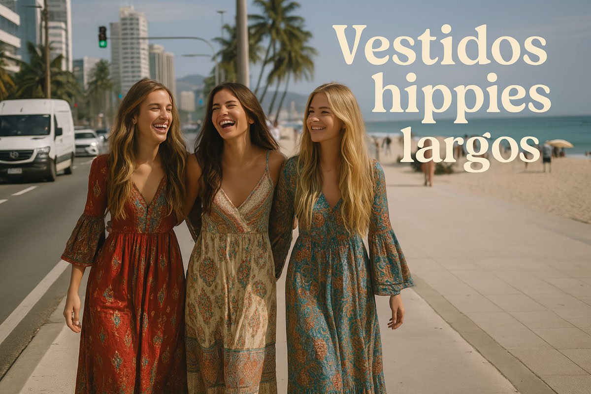 tres mujeres jóvenes con vestidos hippies largos paseando y riendo por el paseo marítimo de una ciudad moderna